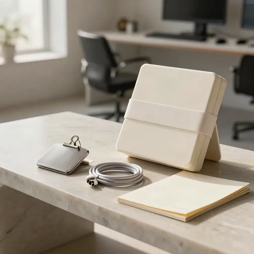 Opened annual alert pack box with data cable, token and report folio on a resin bench.
