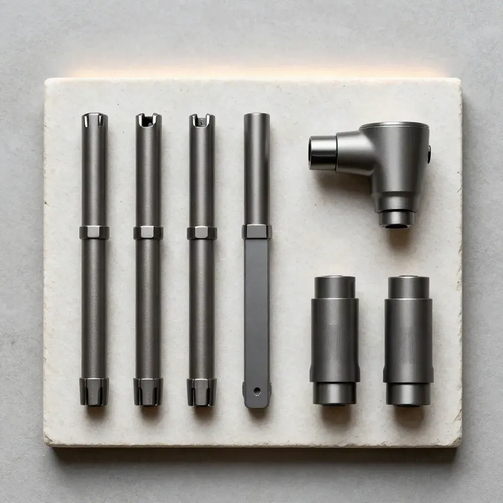 Overhead flatlay of scrape kit modules and connector tips on pale stone.