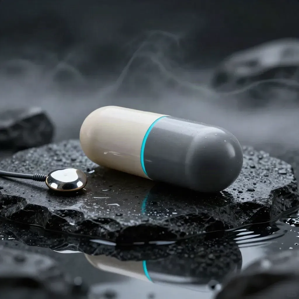 Alert capsule on wet stone with cyan status glow, mirrored pebble and rain mist