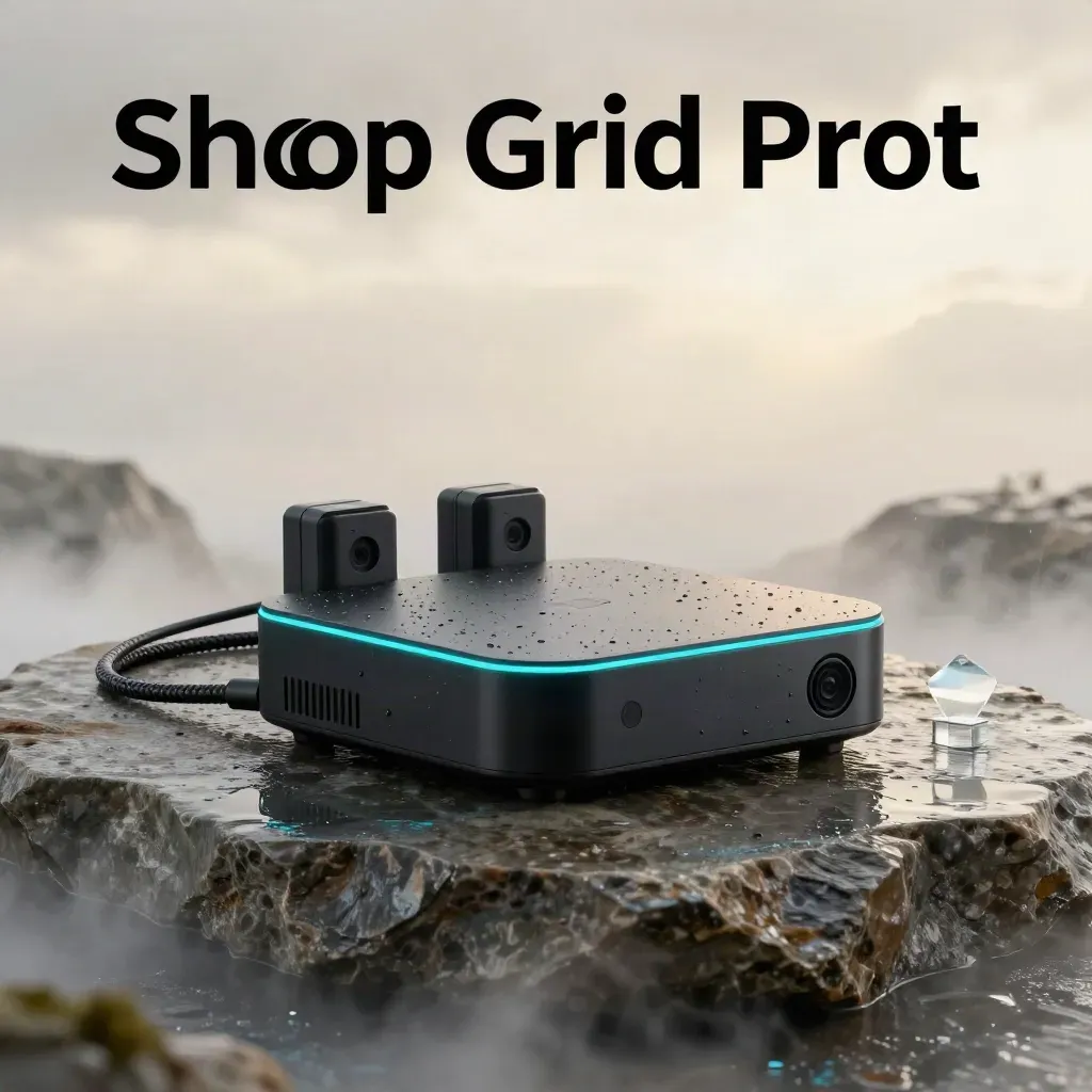 Matte-black AI monitoring hub with sensor pucks on wet limestone in misty dawn light