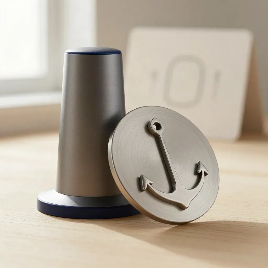 Spike scan alert tower with two sensor discs and metal plate on pale wood, softly lit.
