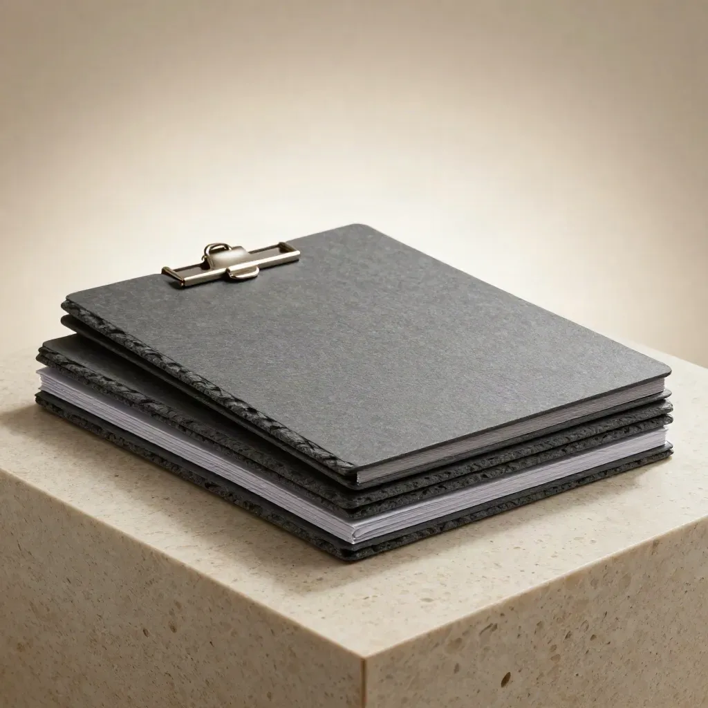 Slate-gray report dock with three slates, metal clip, and paper sleeve on travertine.