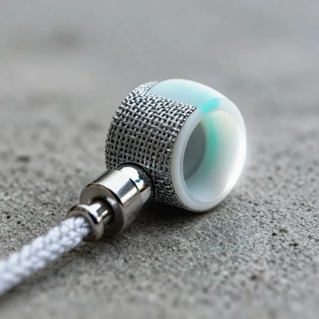 Macro side profile of a lead leak watch module on cool concrete, indicator shifting to cyan.