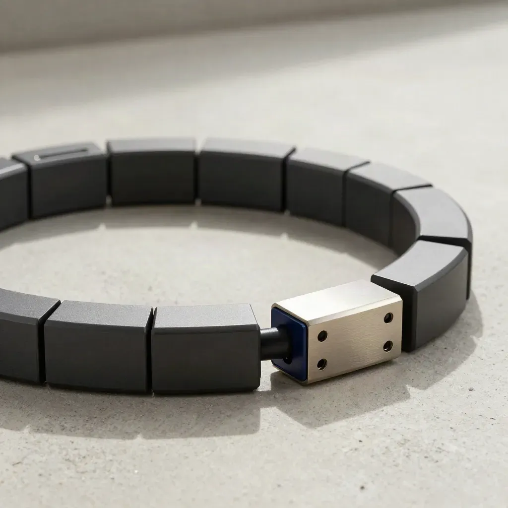 Modular gateway tiles linked by a cable loop on pale concrete, tightening mid-lock