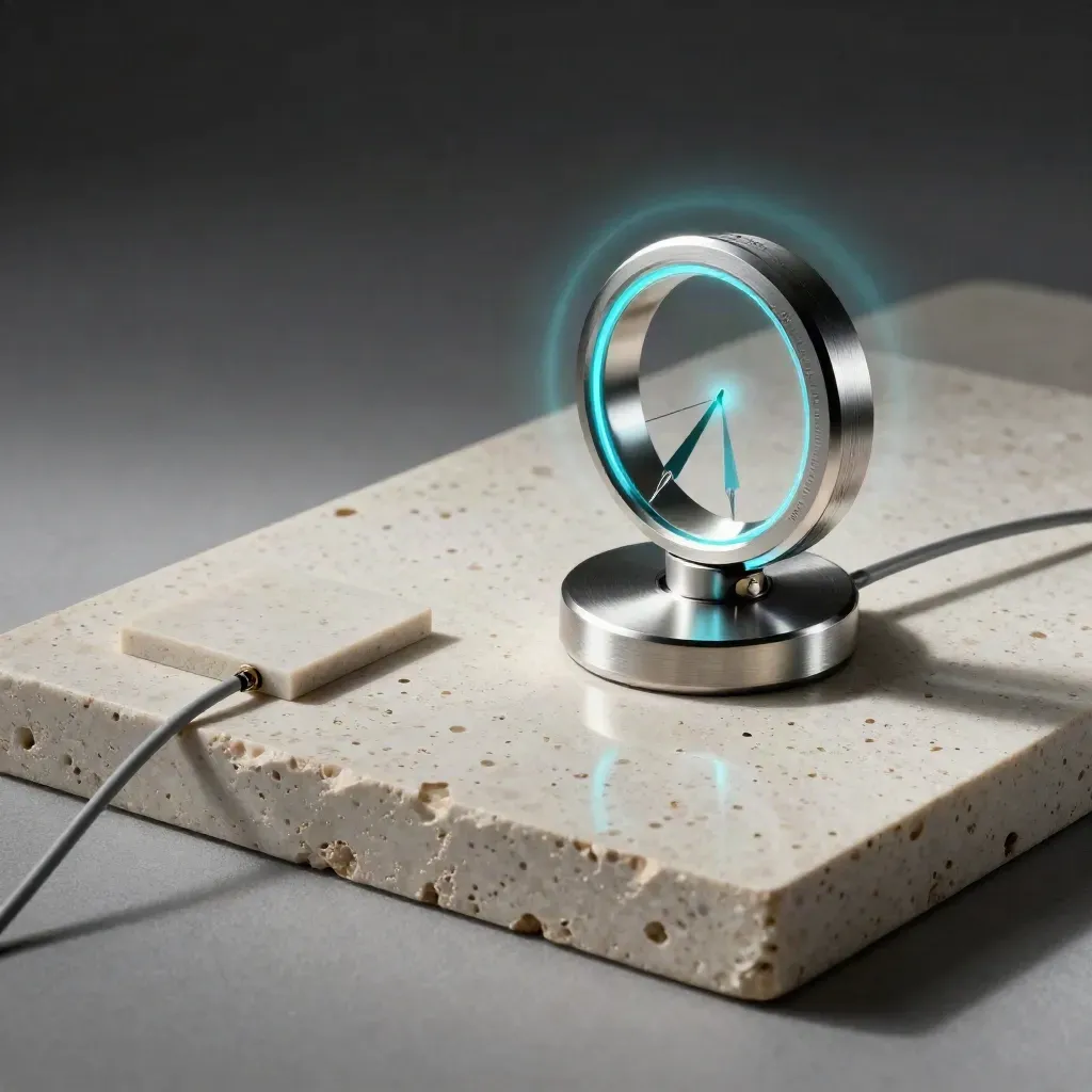 Keyword radar ring on pale stone with cyan-lit chips and brushed metal base.