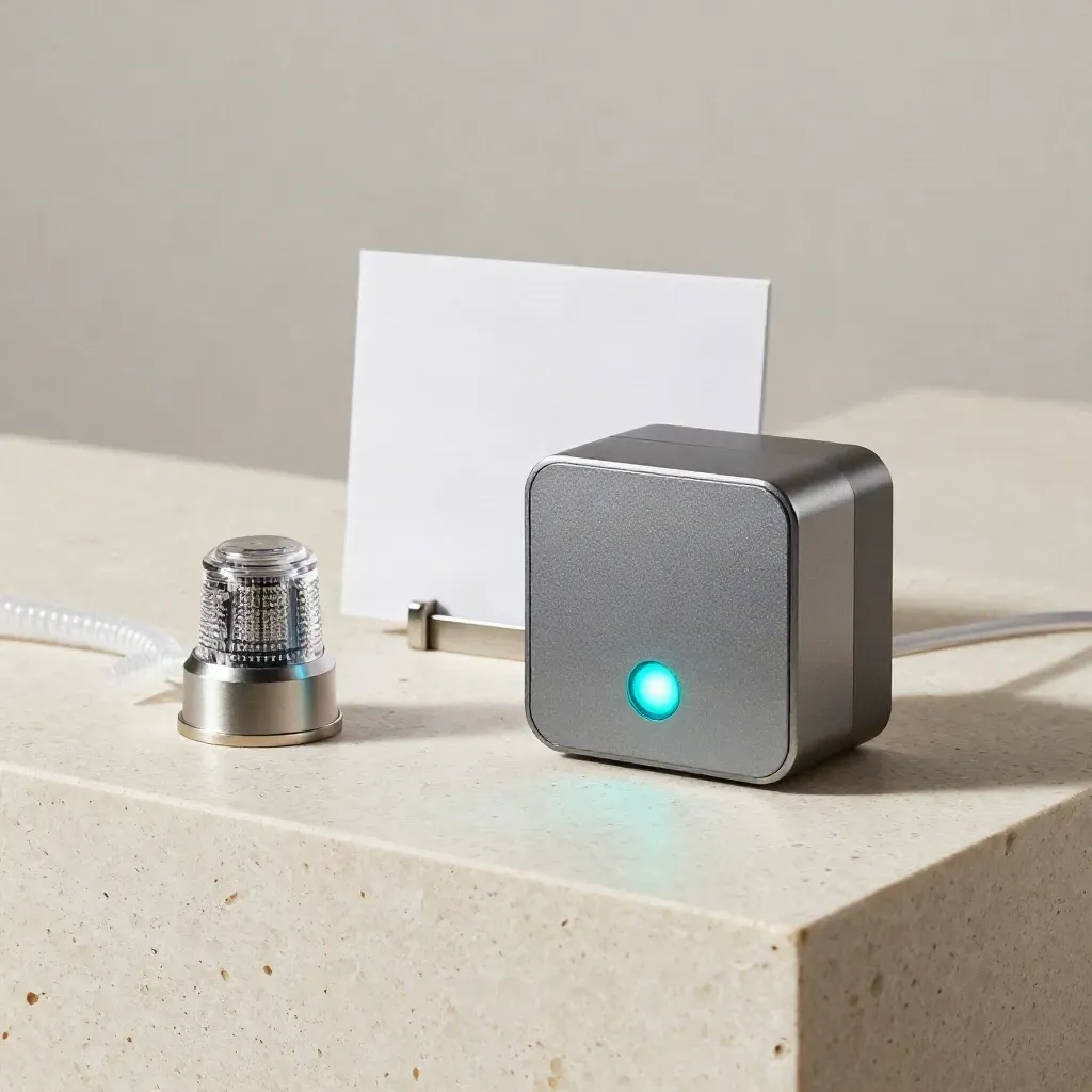 Compact alert relay unit with paired beacon and coiled lead on pale stone, softly lit in studio.