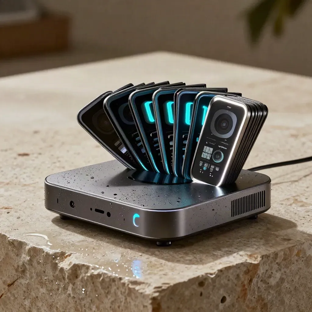 Glowing monitoring modules and report tiles on wet pale stone with cyan alert light