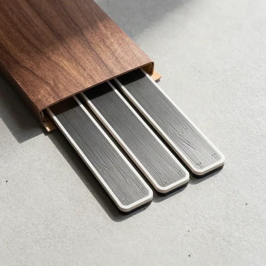 Overhead flatlay of three slim export tiles fanned from a folded sleeve on pale concrete