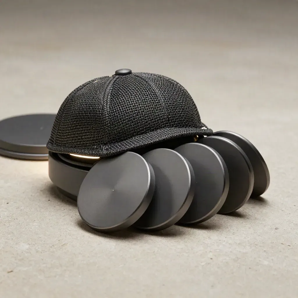 Low macro of a dark mesh AI watch node with five topic pucks on pale stone, lit with cool rim light and haze.