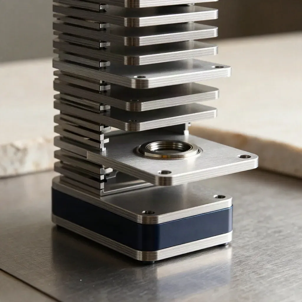 Macro of a modular custom bot setup tower with blank plates and a hovering calibration ring on brushed metal.