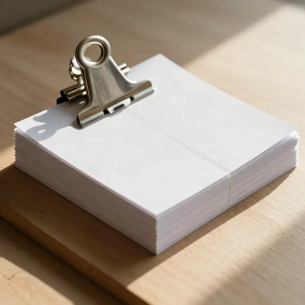 Top-down ops brief folio with blank cards and brushed metal clip on pale oak.