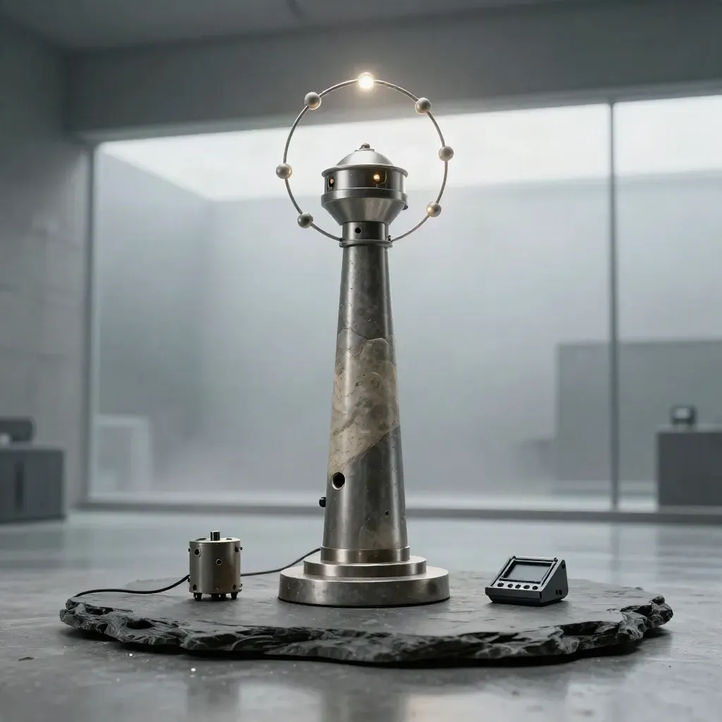 Tall stone uptime beacon with a glowing ring of site nodes on a misty slate plinth.
