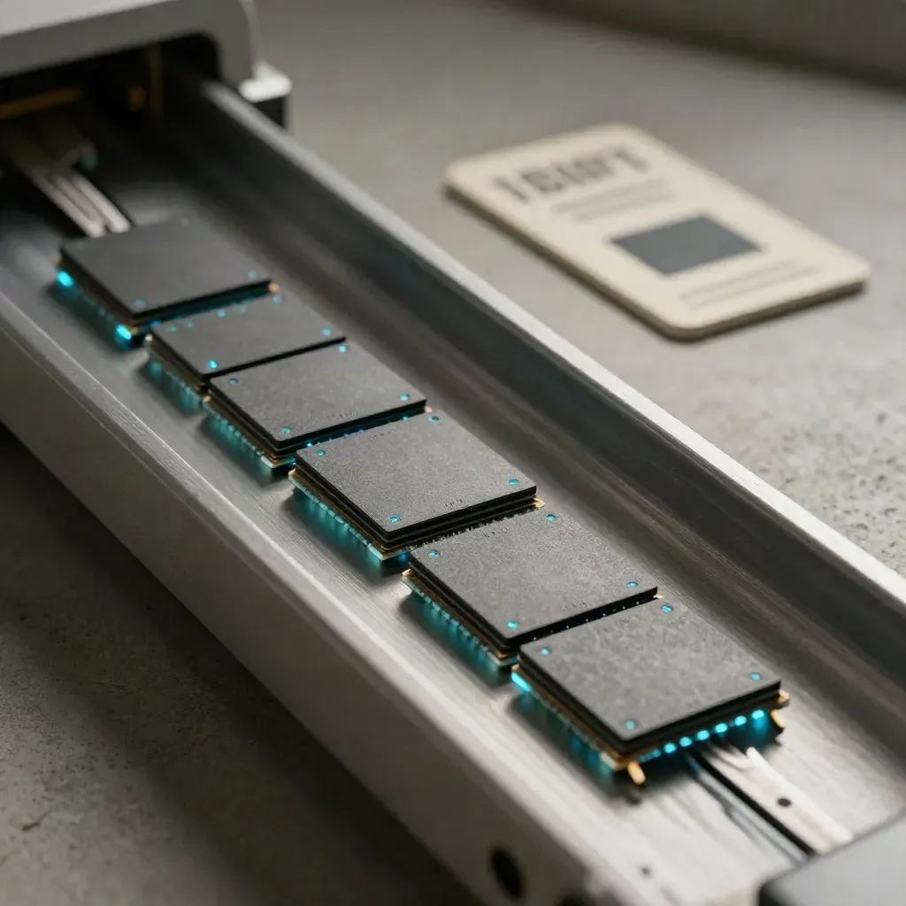 Top-down data chip tray mid-transfer on pale concrete with cyan glow and dramatic studio haze.