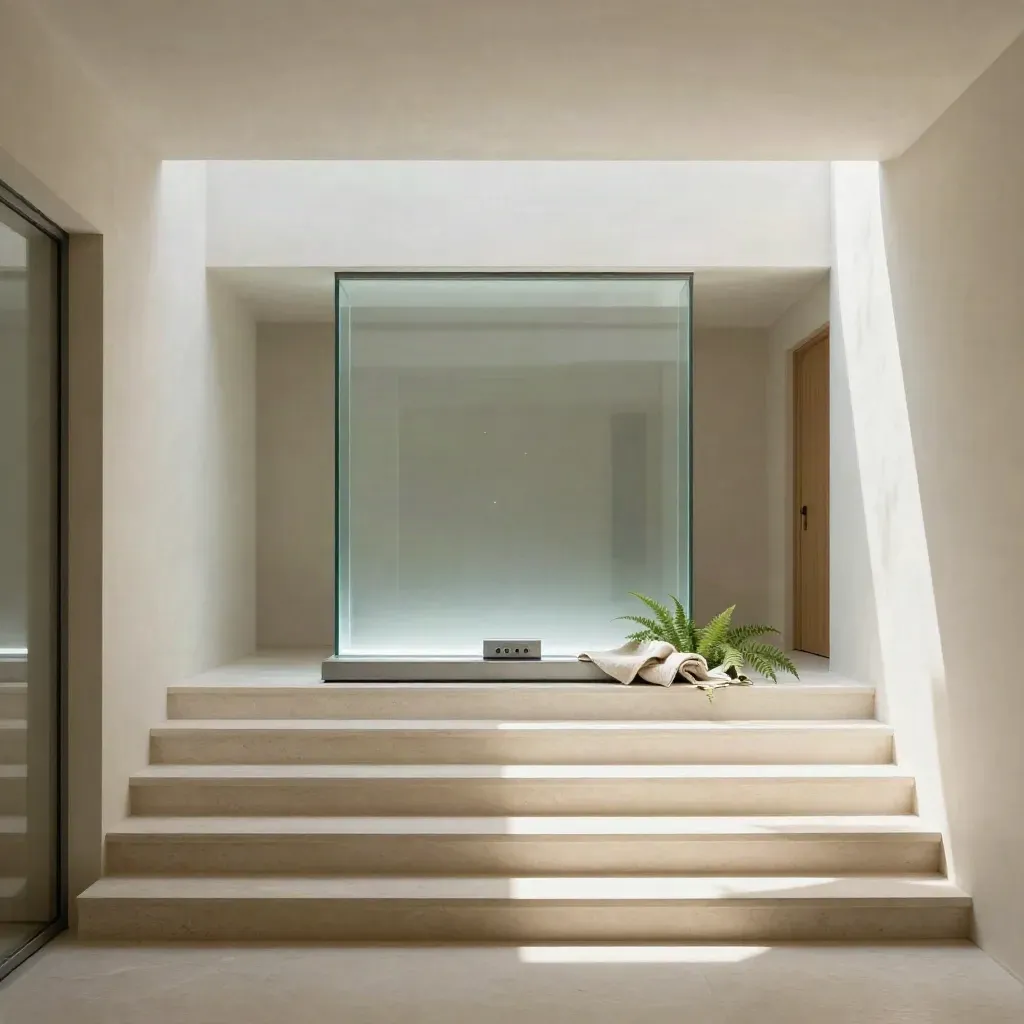 Sunlit plaster atrium with travertine stair, fern, linen, and a minimal monitoring panel