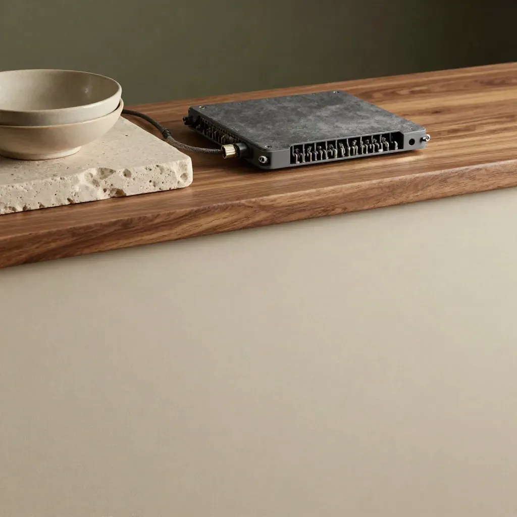 Walnut surface with stone block, ceramic bowl, and slate-gray botics hardware in soft side light
