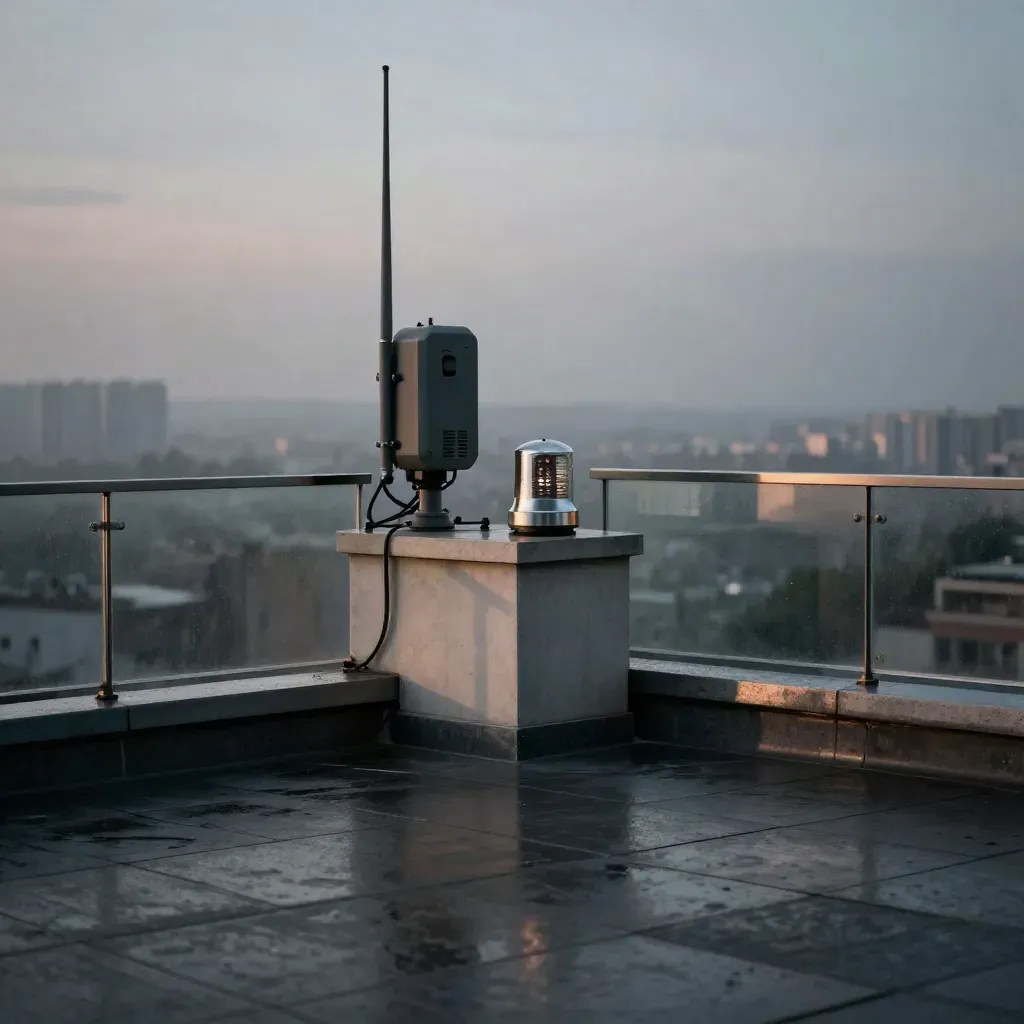 Rainy rooftop terrace with a compact monitoring relay and city blur at dusk.