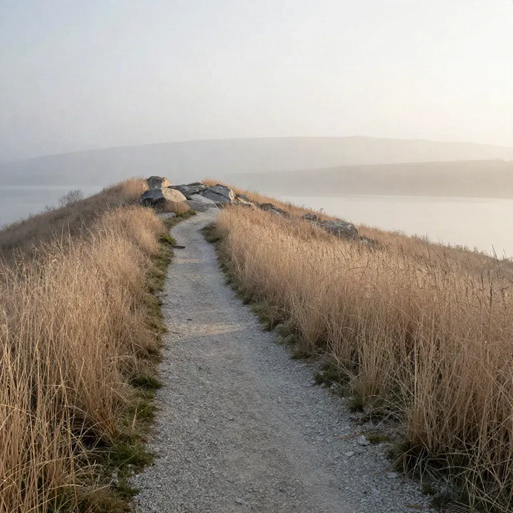 Foggy hillside path above a misty lake at dawn with reeds and a pale rock shelf.
